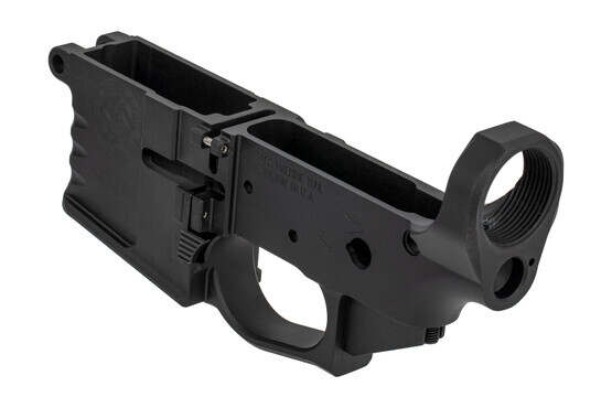 The CMT AR15 stripped ambidextrous lower receiver features threaded roll pins